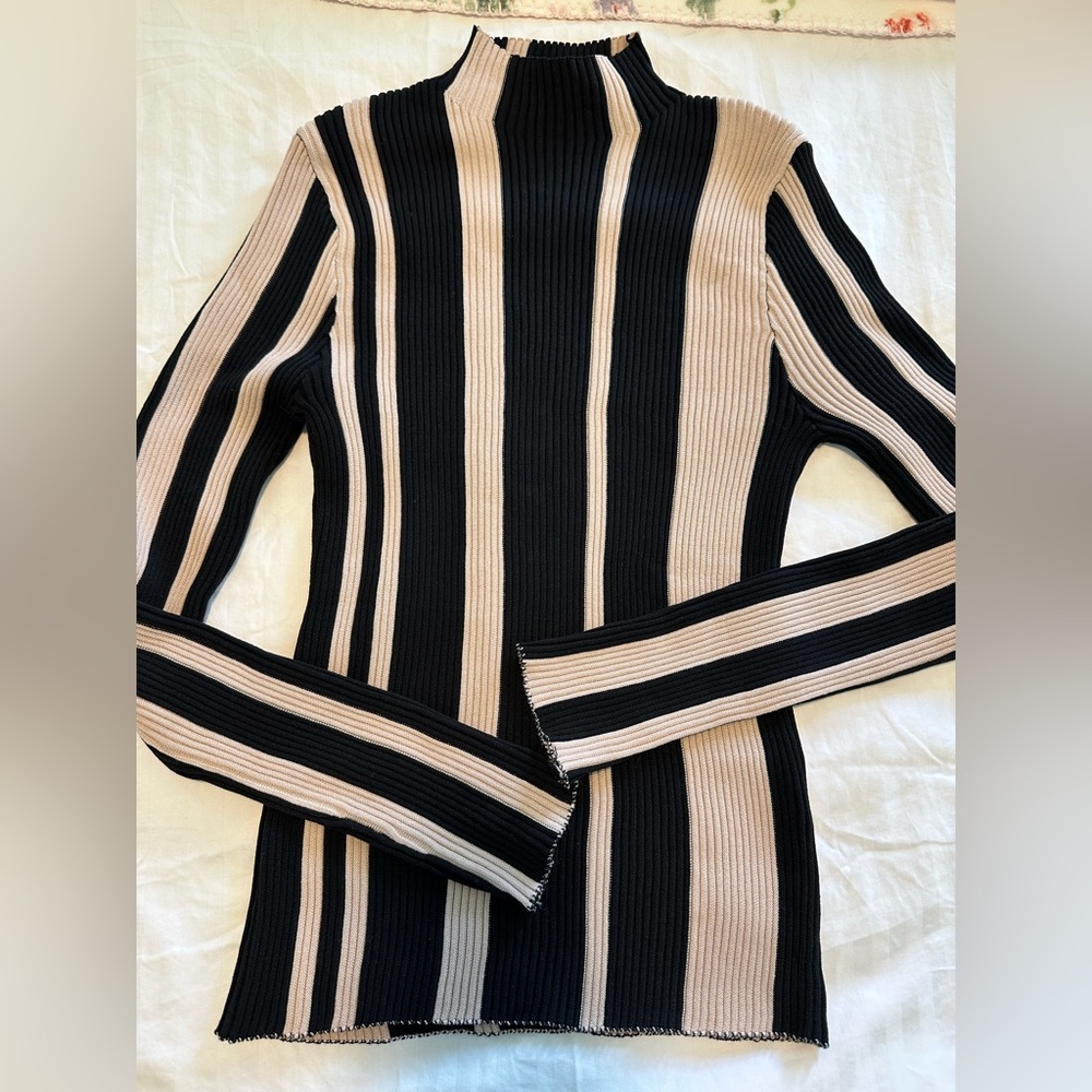 Striped Black and Beige Ribbed Turtleneck Sweater